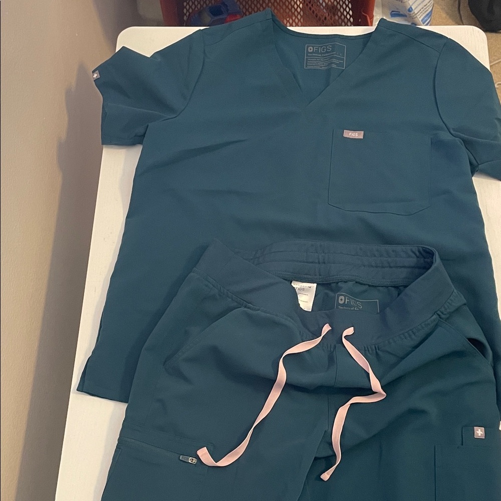 Figs Deep Teal Scrub Set with Pink Accents